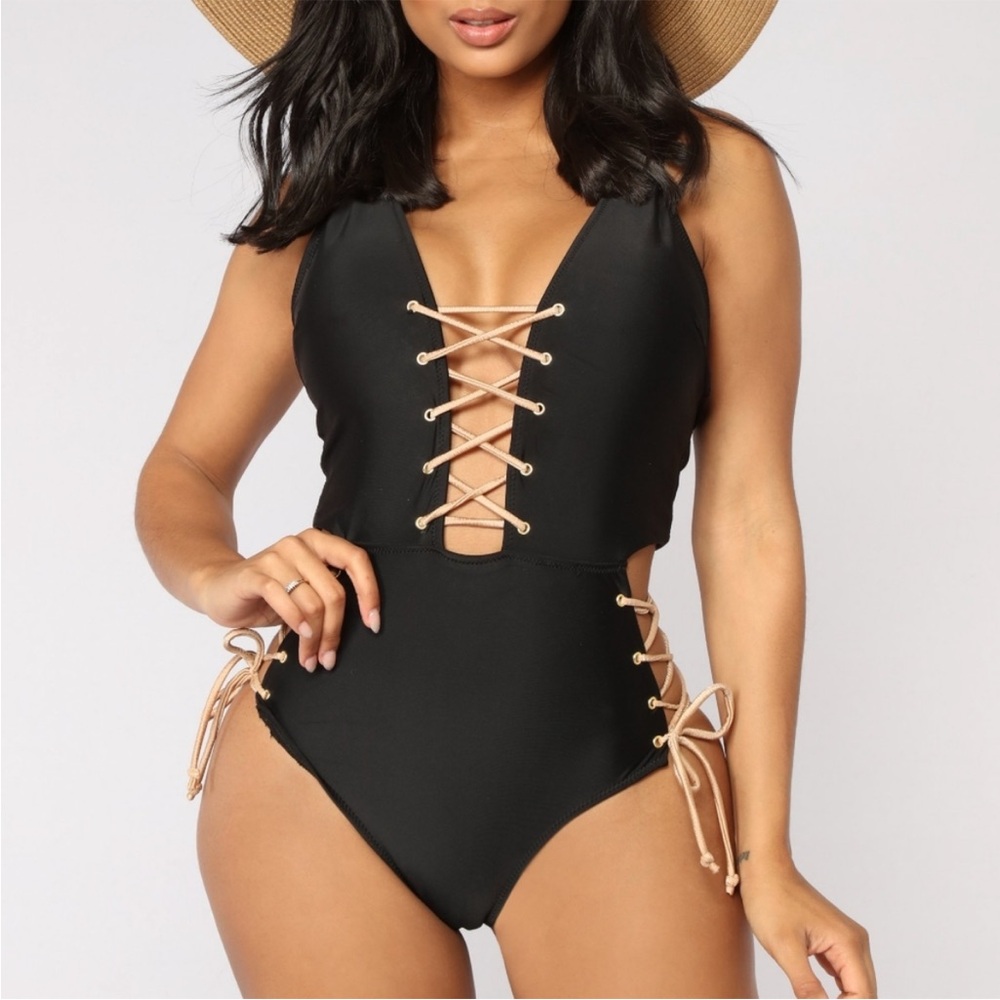 Fashion Nova Black Lace-Up One-Piece Swimsuit